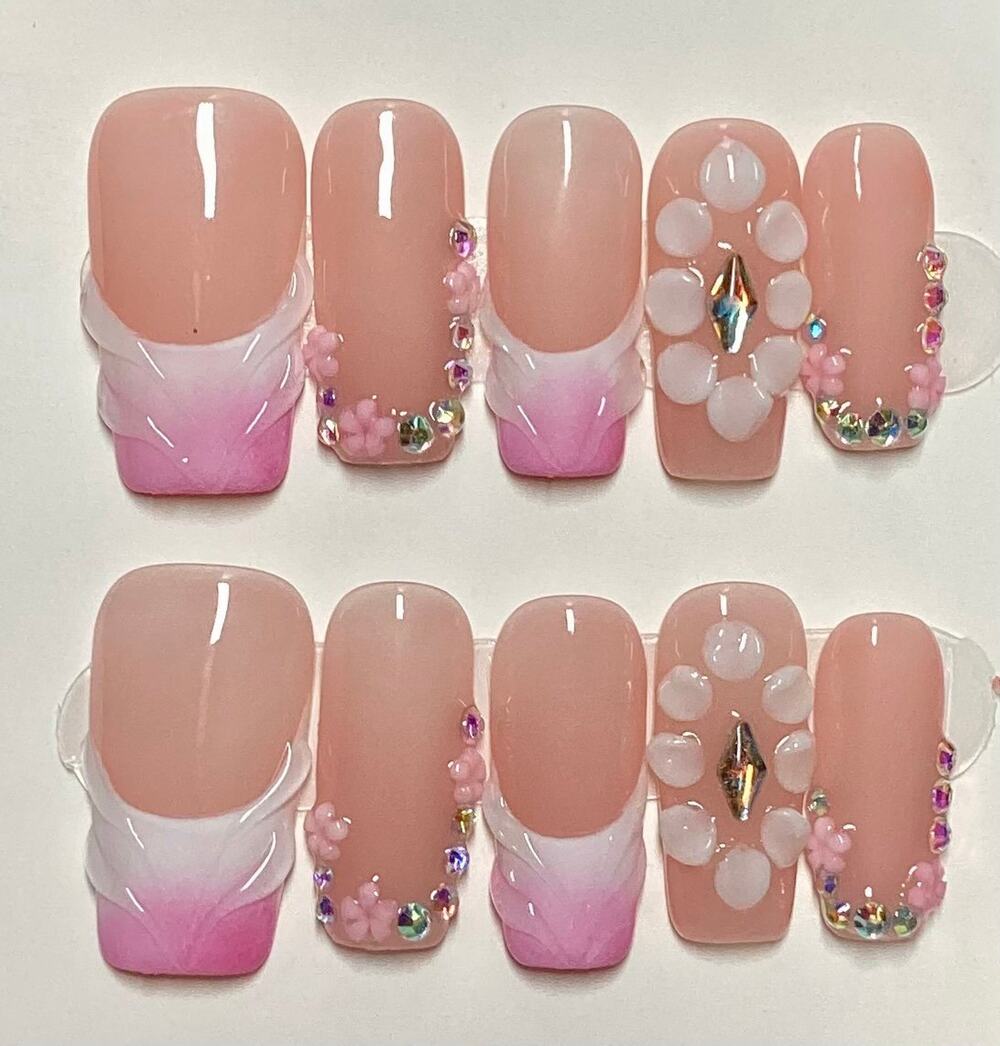 3D Flower Ombre Pink Gem French Tip Square Press On Nails Medium & Large